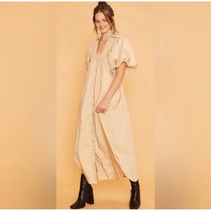 Anniewear Dress Smocked Bodice Puff Sleeve Button Front Casual Dress